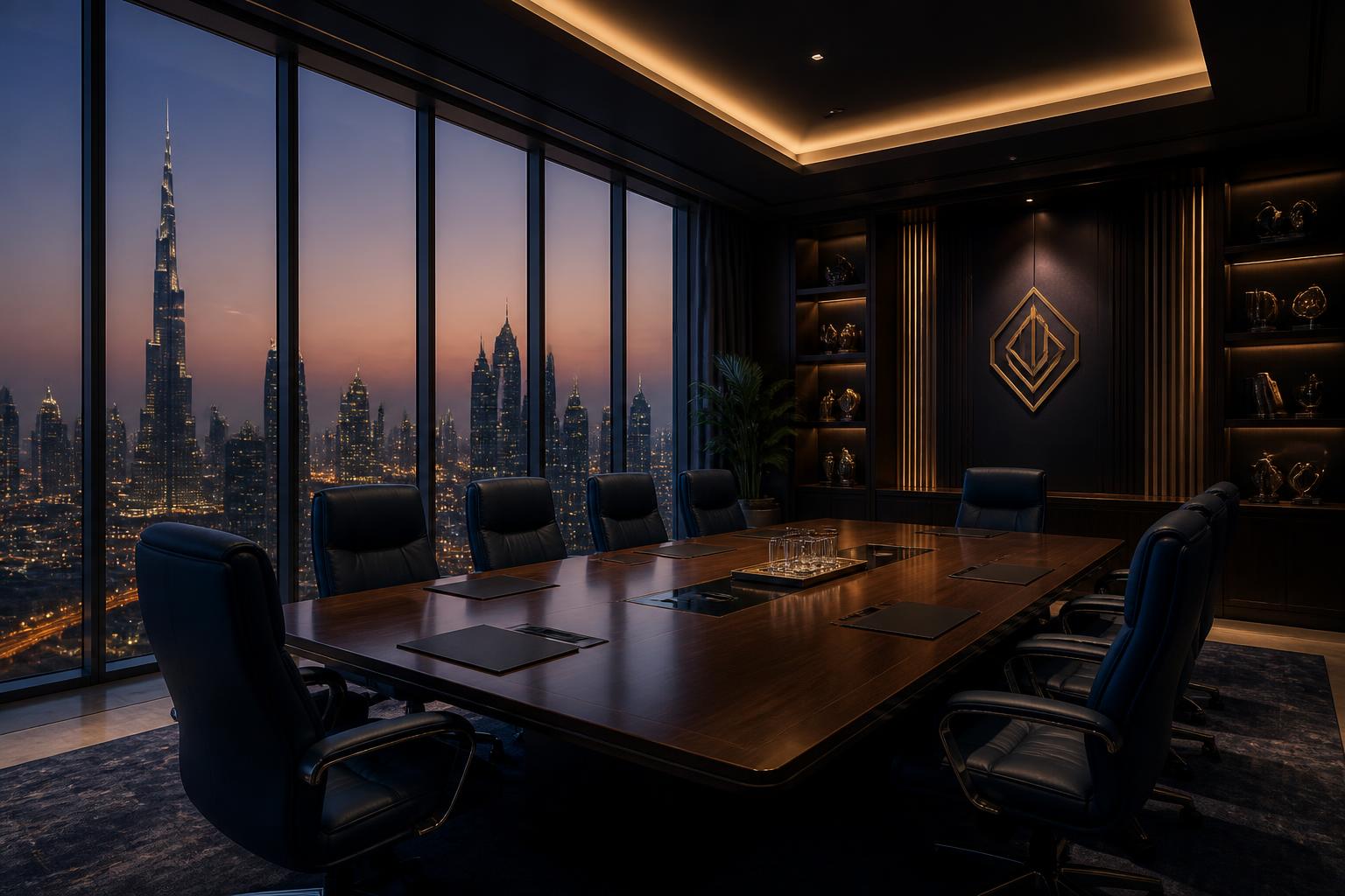 Boardroom overlooking Dubai at dusk